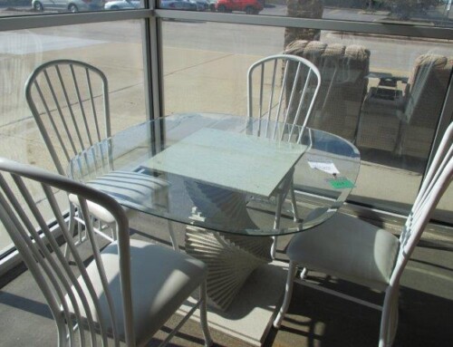Item #269N – Glass Table Top, Spiral “Stone” Base & 4 Chairs – $375